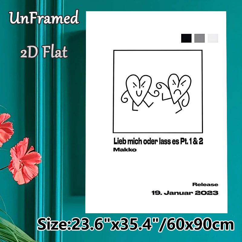 Cartoon Heart Characters Painting Poster, Minimalist Black & White Line Art Poster, Playful Emotional Heart Design, Ideal For Bedroom, Living Room And_maomaolike.com