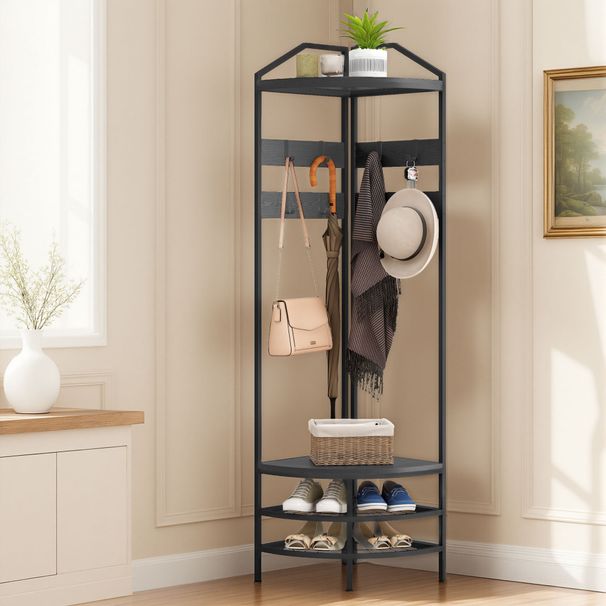 Corner Hall Tree, Industrial 4-Tier Coat Rack With Shoe Storage, 8 Movable Hooks And 2 Shelves For Hallway, Black_maomaolike.com