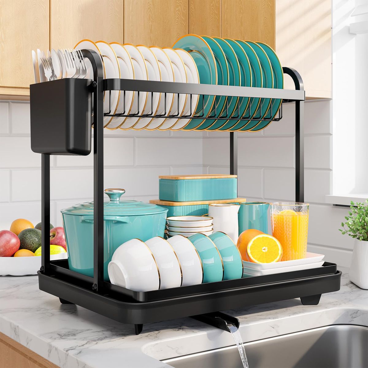 Sakugi 2-Tier Dish Drying Rack - Stainless Steel Dish Rack With Cutlery & Utensil Holders For Kitchen Counter, Sink Organization And Storage_maomaolike.com
