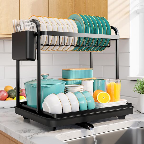 Sakugi 2-Tier Dish Drying Rack - Stainless Steel Dish Rack With Cutlery & Utensil Holders For Kitchen Counter, Sink Organization And Storage_maomaolike.com