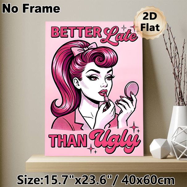 Retro Pin-up Girl Painting Poster, Vibrant Pink Pop Art Style Poster, Witty Slogan Design, Chic Decorative Piece For Bedroom, Vanity Area_maomaolike.com