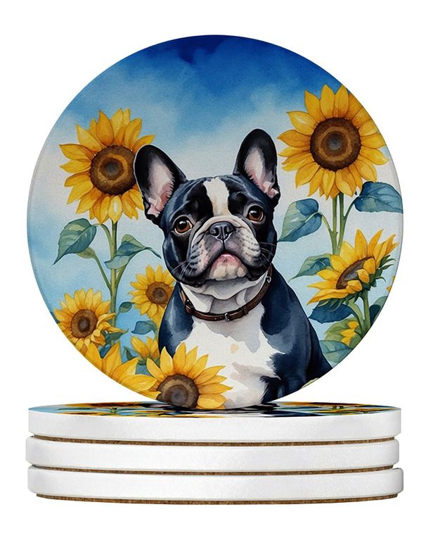 French Bulldog In Sunflowers Large Sandstone Coasters Pack Of 4 Absorbent Round Coasters Decor Gifts For Men Or Women, 4 In, Multicolor_maomaolike.com
