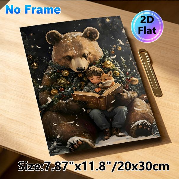 Christmas Bear, Fox & Child Reading Painting Poster, Warm Whimsical Winter Holiday Scene Poster, Cozy Heartwarming Design Ideal For Bedroom, Living_maomaolike.com