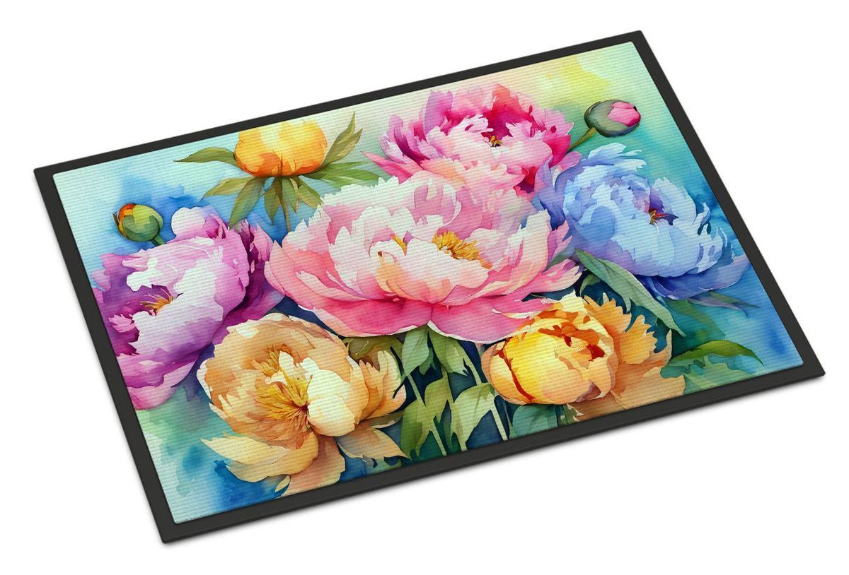 Peonies In Watercolor Doormat Front Door Mat Indoor Outdoor Rugs For Entryway, Non Slip Washable Low Pile, 24H X 36W_maomaolike.com