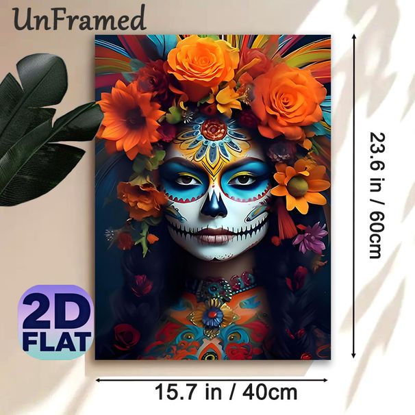 Day Of The Dead Themed Painting Poster, Vibrant Colorful Sugar Skull Portrait Poster, Eye-catching Cultural Artwork Ideal For Home Wall Decor, Festive_maomaolike.com