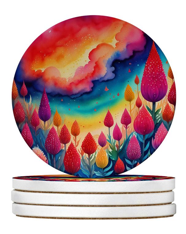 Colorful Celosia Large Sandstone Coasters Pack Of 4 Absorbent Round Coasters Decor Gifts For Men Or Women, 4 In, Multicolor_maomaolike.com