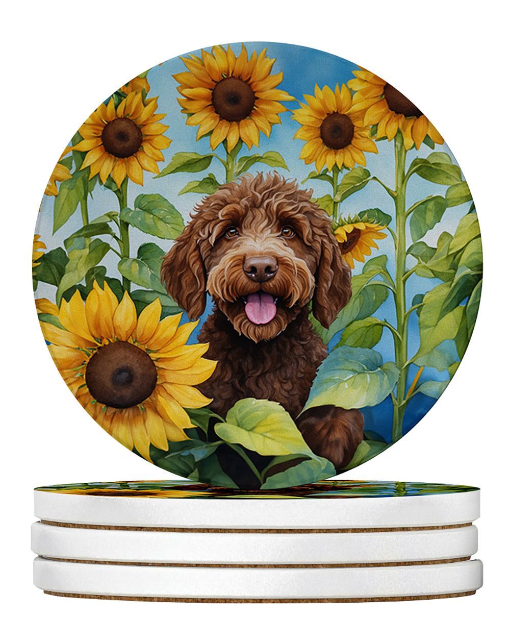 Labradoodle In Sunflowers Large Sandstone Coasters Pack Of 4 Absorbent Round Coasters Decor Gifts For Men Or Women, 4 In, Multicolor_maomaolike.com
