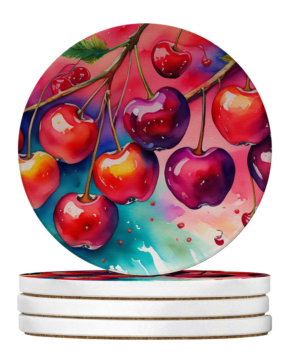 Colorful Cherries Large Sandstone Coasters Pack Of 4 Absorbent Round Coasters Decor Gifts For Men Or Women, 4 In, Multicolor_maomaolike.com