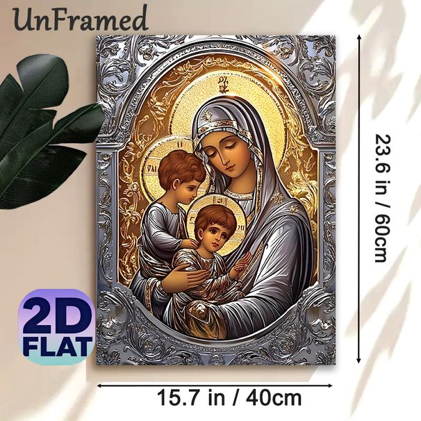 Virgin Mary With Children Religious Painting Poster, Exquisite Orthodox-style Sacred Figure Poster, Gilded Halo & Ornate Detailed Design, Ideal For_maomaolike.com
