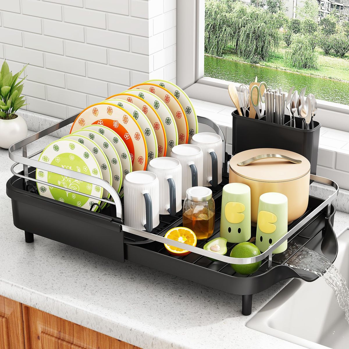 SAYZH Expandable Dish Drying Rack For Small Kitchen Counter, Black_maomaolike.com
