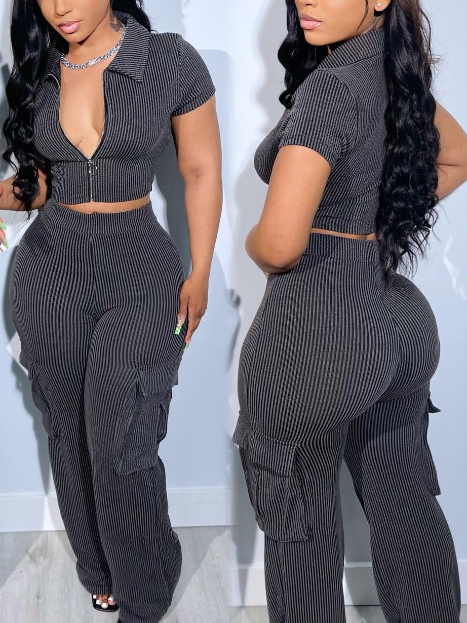 Women's new spring and summer new fashion zipper tops multi-pocket trousers casual solid color suits_maomaolike.com