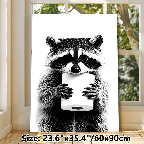 Raccoon With Toilet Paper Painting Poster, Monochrome Realistic Animal Portrait Poster, Humorous Quirky Decor Ideal For Bathroom, Living Room_maomaolike.com