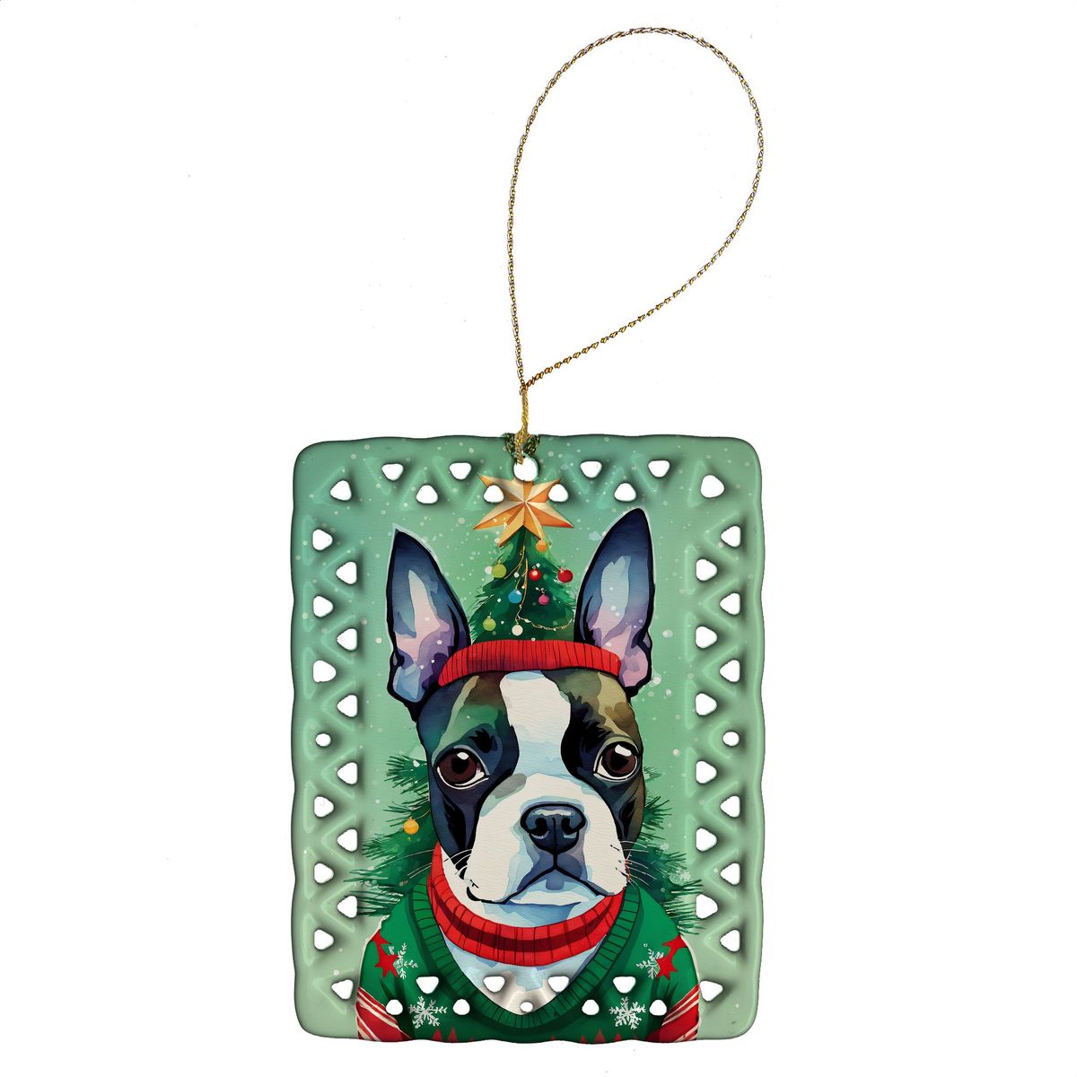 Boston Terrier Christmas Porcelain Ornament Christmas Tree Hanging Decorations For Home Christmas Holiday, Rectangle, Gift, Multicolor_maomaolike.com