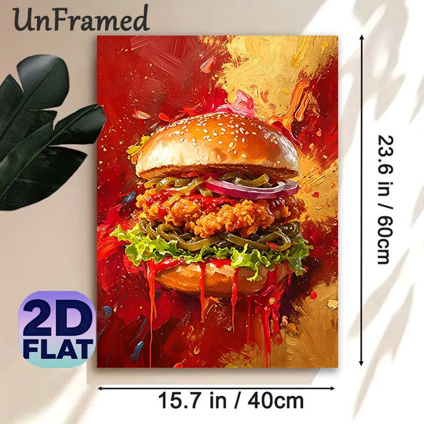 Crispy Chicken Burger Painting Poster, Vibrant Impasto-style Burger Poster, Bold Color-saturated Design Ideal For Diners, Kitchens And Food-themed_maomaolike.com