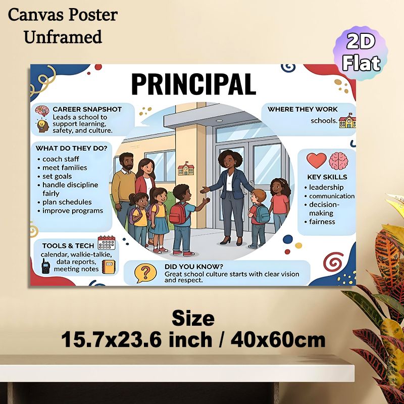 School Principal Career Painting Poster, Informative Cartoon-style Poster, Educational Guide Outlining Principal's Roles, Skills And Work Details_maomaolike.com