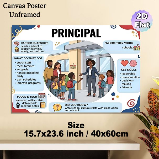 School Principal Career Painting Poster, Informative Cartoon-style Poster, Educational Guide Outlining Principal's Roles, Skills And Work Details_maomaolike.com