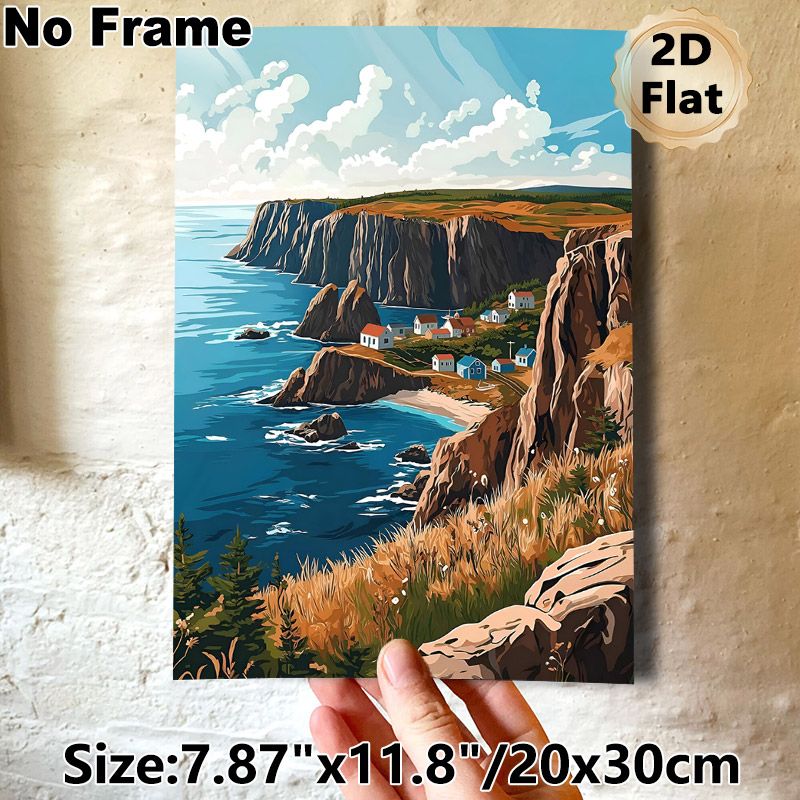 Coastal Cliff Village Painting Poster, Vibrant Stylized Coastal Cliff & Seaside Village Scene Poster, Serene Coastal Vibe Ideal For Living Room_maomaolike.com