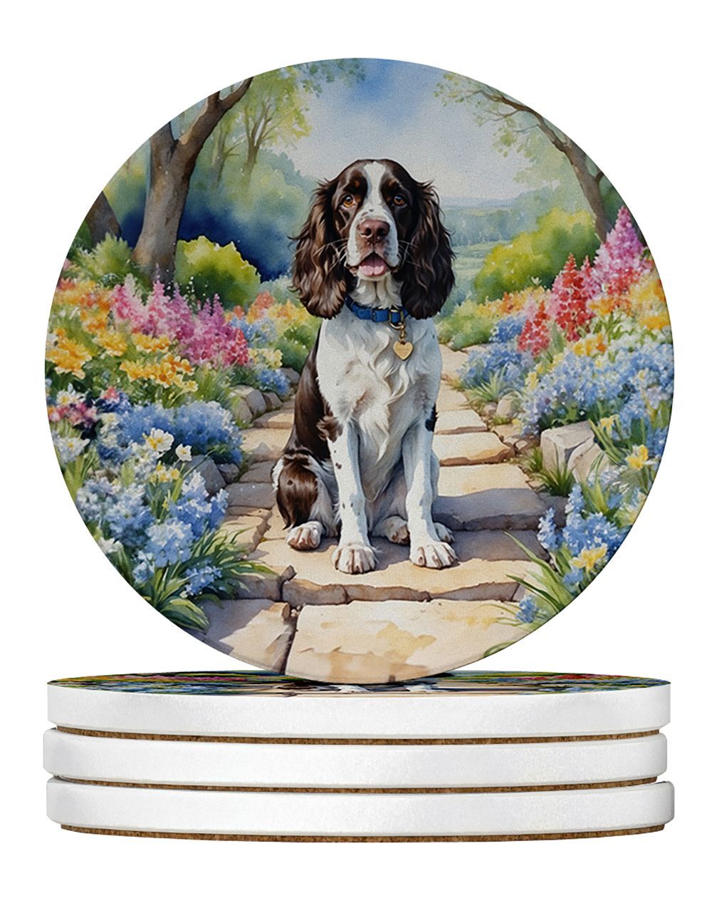 English Springer Spaniel Spring Path Large Sandstone Coasters Pack Of 4 Absorbent Round Coasters Decor Gifts For Men Or Women, 4 In, Multicolor_maomaolike.com