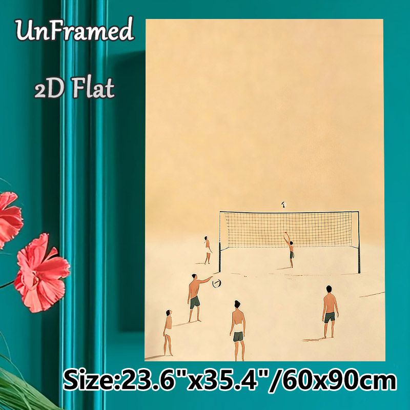 Beach Volleyball Themed Painting Poster, Minimalist Warm-toned Beach Sports Scene Poster, Lively Casual Sports Artwork, Ideal For Living Room, Game_maomaolike.com