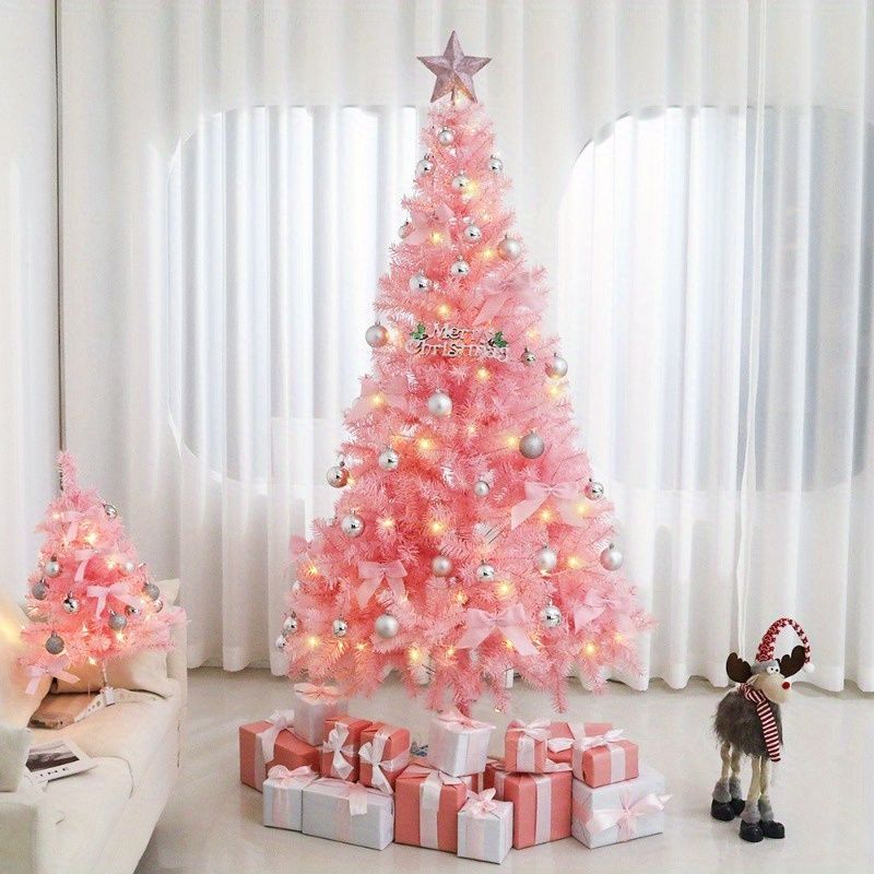 6 FT/7FT Artificial Christmas Tree (NOT Pre-Strung) With 300 LED Warm White String Lights, Spruce Hinged Tree, 8 Lighting Modes, Xmas Pine Tree With Metal Legs, 850 Branch Tips, Pink_maomaolike.com