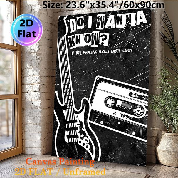 Vintage Rock Music Painting Poster, Monochrome Retro-style Poster, Nostalgic Design Featuring Guitar, Cassette Tape And Song Lyrics, Ideal For_maomaolike.com