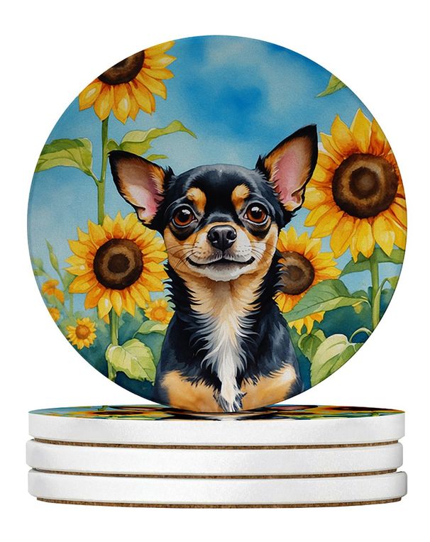Chihuahua In Sunflowers Large Sandstone Coasters Pack Of 4 Absorbent Round Coasters Decor Gifts For Men Or Women, 4 In, Multicolor_maomaolike.com