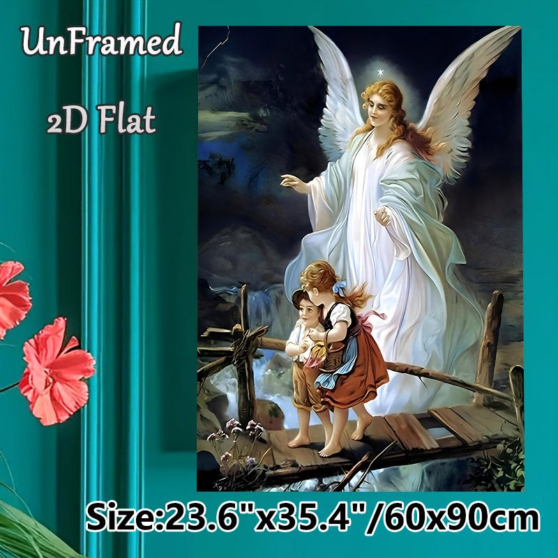 Guardian Angel Themed Painting Poster, Soft-toned Traditional Religious Scene Poster, Peaceful Spiritual Artwork Suitable For Home And Prayer Room_maomaolike.com
