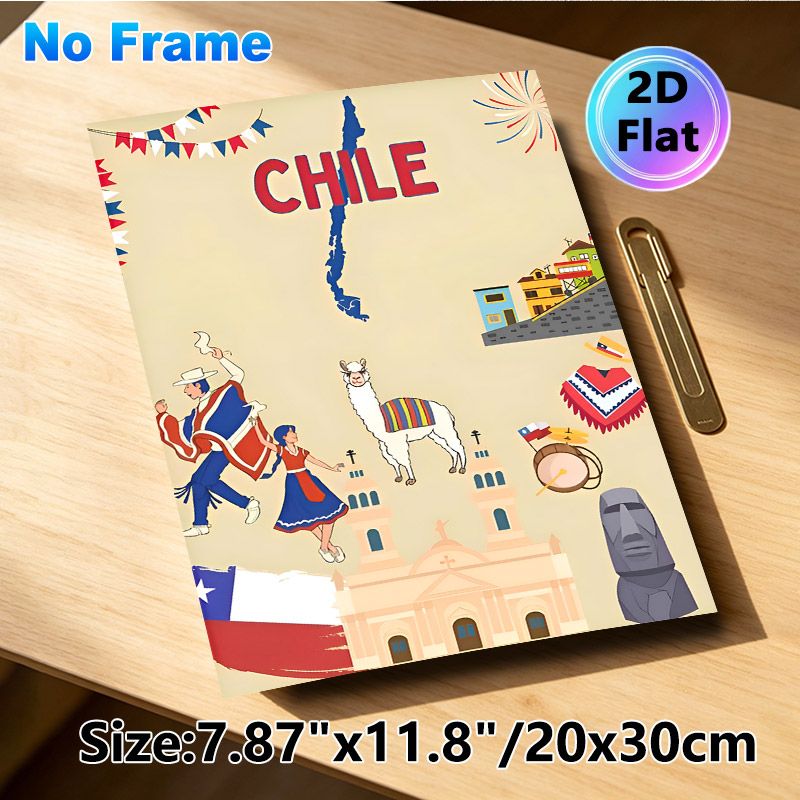 Chile Themed Painting Poster, Vibrant Cartoon Style Chilean Cultural Elements Poster, Showcases Folk Dancers, Iconic Landmarks & National Symbols_maomaolike.com