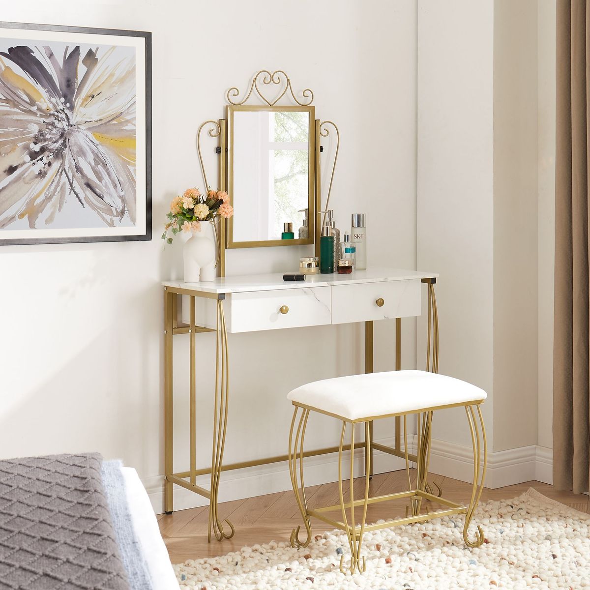 Vanity Mirror Table Set, Makeup Desk Vanity With Stool, Vintage Bedroom Vanity Lots Storage Dressing Table White For Women And Girls_maomaolike.com