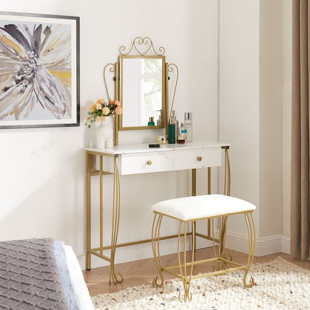Vanity Mirror Table Set, Makeup Desk Vanity With Stool, Vintage Bedroom Vanity Lots Storage Dressing Table White For Women And Girls_maomaolike.com
