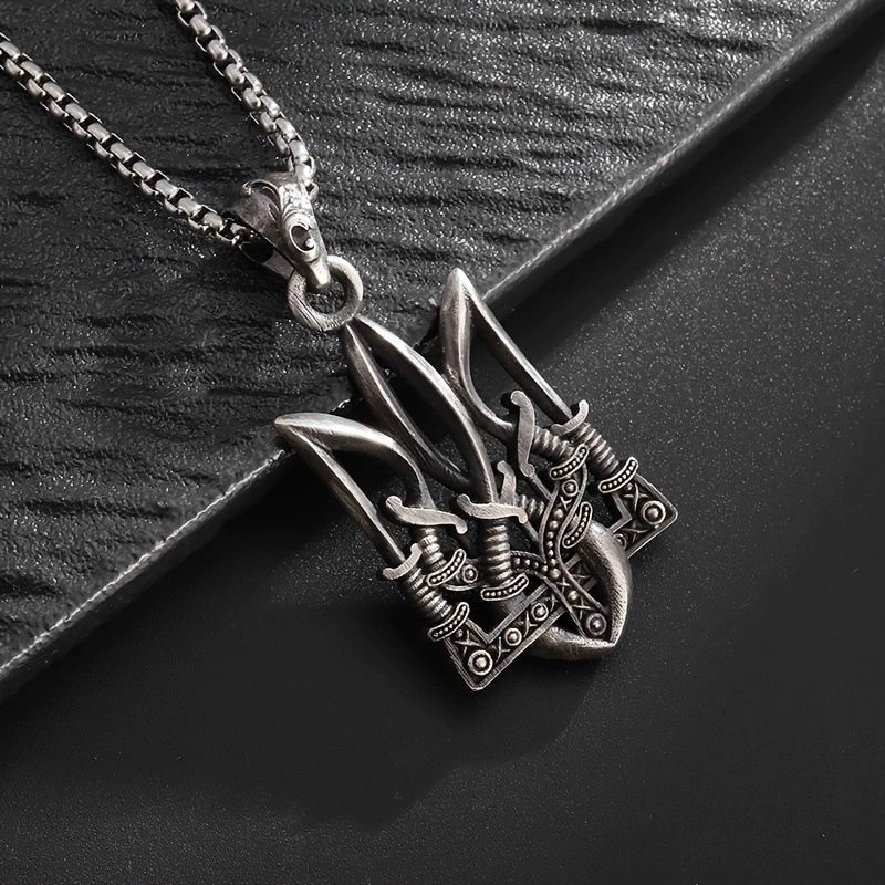 Retro Neptune Poseidon Trident Necklace Ukraine National Emblem Pendant Men\\\\\\'s Fashion Cool Trendy Jewelry_maomaolike.com