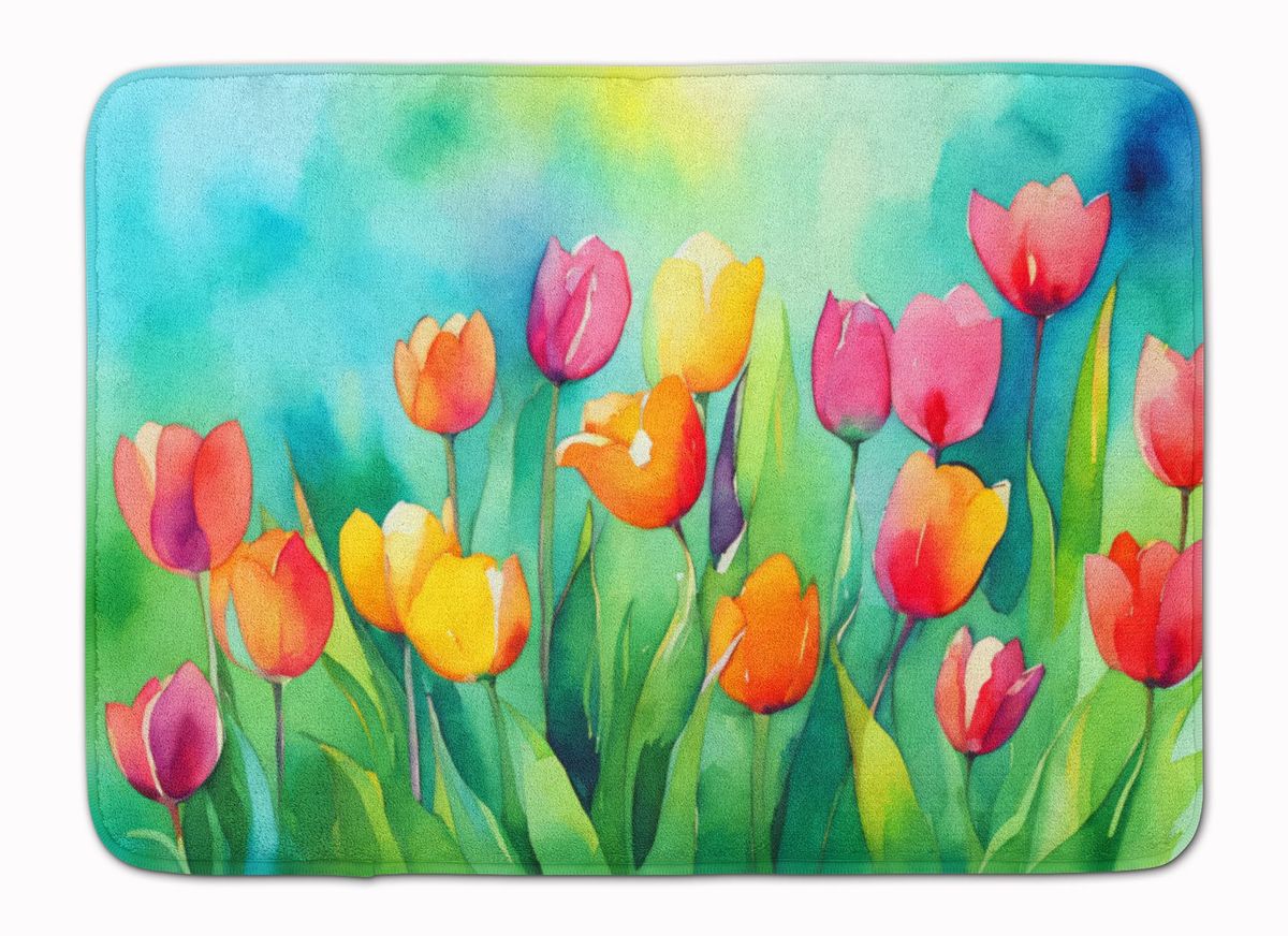 Tulips In Watercolor Memory Foam Kitchen Mat Machine Washable Anti-Fatigue Mat Cushion Comfort Bath Mat Or Kitchen Rug_maomaolike.com