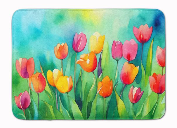 Tulips In Watercolor Memory Foam Kitchen Mat Machine Washable Anti-Fatigue Mat Cushion Comfort Bath Mat Or Kitchen Rug_maomaolike.com