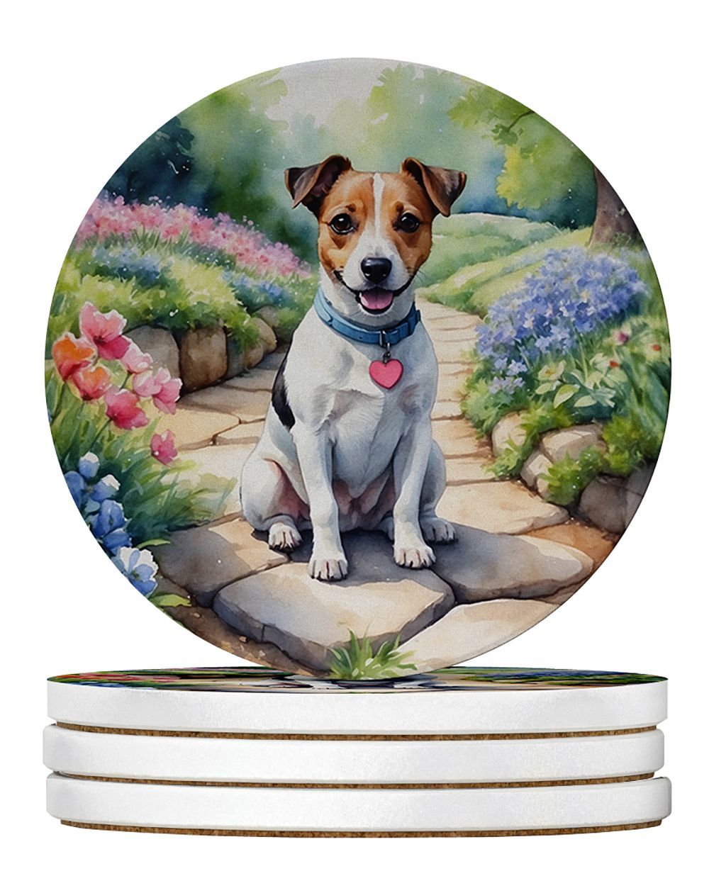 Jack Russell Terrier Spring Path Large Sandstone Coasters Pack Of 4 Absorbent Round Coasters Decor Gifts For Men Or Women, 4 In, Multicolor_maomaolike.com