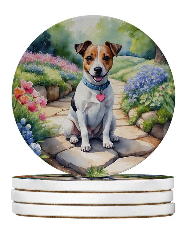 Jack Russell Terrier Spring Path Large Sandstone Coasters Pack Of 4 Absorbent Round Coasters Decor Gifts For Men Or Women, 4 In, Multicolor_maomaolike.com