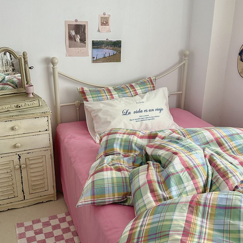 Wholesale INS Korean Retro Plaid Simple Striped Mixed Pure Cotton Four-Piece For Homestay Apartment All-Cotton 4-Piece Set_maomaolike.com
