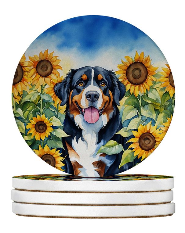 Bernese Mountain Dog In Sunflowers Large Sandstone Coasters Pack Of 4 Absorbent Round Coasters Decor Gifts For Men Or Women, 4 In, Multicolor_maomaolike.com