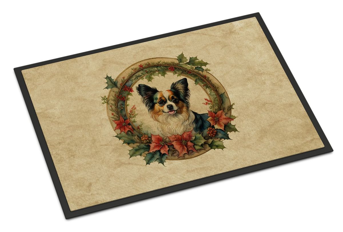 Papillon Christmas Flowers Doormat Front Door Mat Indoor Outdoor Rugs For Entryway, Non Slip Washable Low Pile, 24H X 36W_maomaolike.com