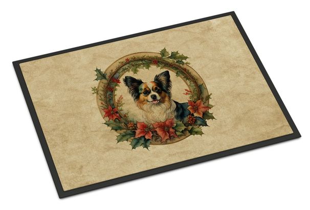 Papillon Christmas Flowers Doormat Front Door Mat Indoor Outdoor Rugs For Entryway, Non Slip Washable Low Pile, 24H X 36W_maomaolike.com