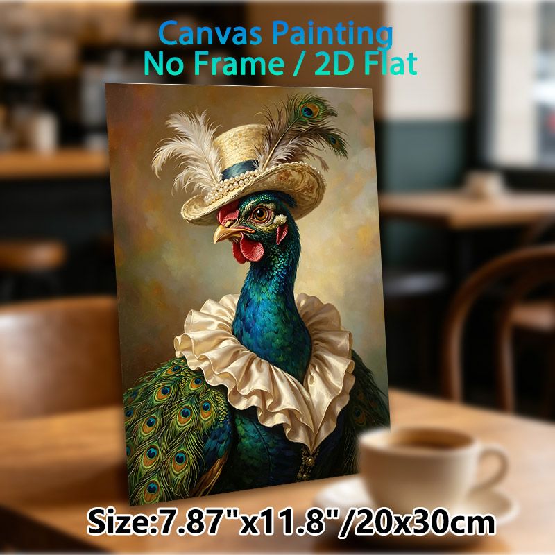 Anthropomorphic Peacock Painting Poster, Rich-hued Realistic Oil-style Poster, Elegant Peacock With Pearl-trimmed Hat & Ruffled Collar, Sophisticated_maomaolike.com
