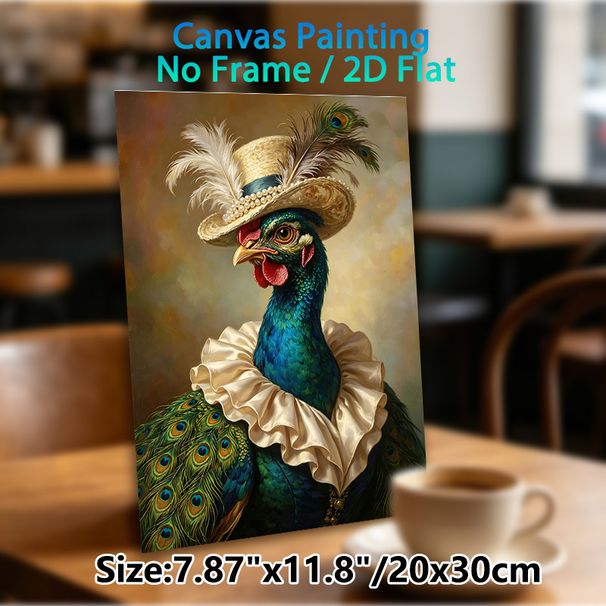 Anthropomorphic Peacock Painting Poster, Rich-hued Realistic Oil-style Poster, Elegant Peacock With Pearl-trimmed Hat & Ruffled Collar, Sophisticated_maomaolike.com