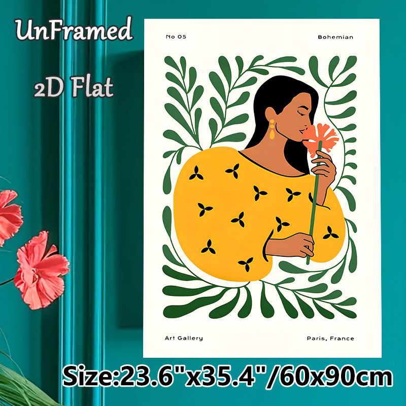 Bohemian Woman With Flower Painting Poster, Vibrant Stylized Bohemian Art Poster, Adds Gentle Artistic Ambiance Suitable For Living Room, Bedroom_maomaolike.com