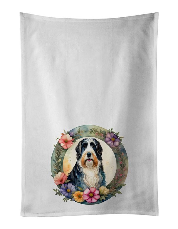 Bearded Collie And Flowers Kitchen Towel Set Of 2 White Dish Towels Decorative Bathroom Hand Towel For Hand, Face, Hair, Yoga, Tea, Dishcloth, 19 X 28", White_maomaolike.com