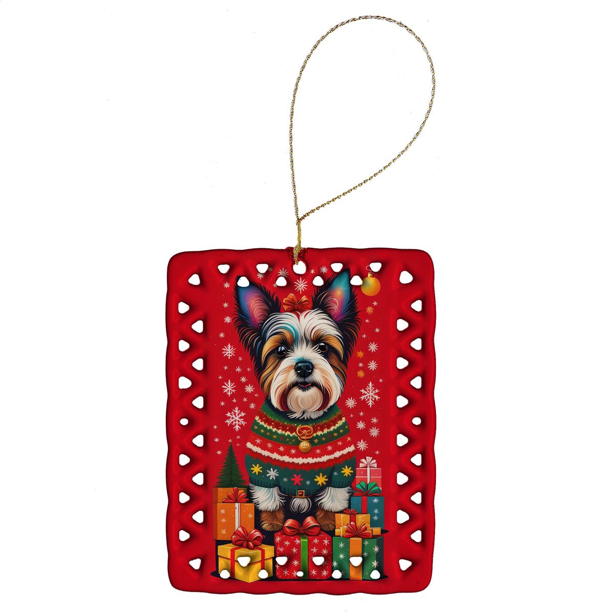 Biewer Terrier Holiday Christmas Porcelain Ornament Christmas Tree Hanging Decorations For Home Christmas Holiday, Rectangle, Gift, Multicolor_maomaolike.com