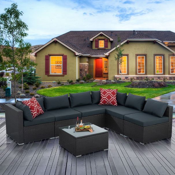 Patio Furniture, Outdoor Furniture, Seasonal PE Wicker Furniture, 7 Set Wicker Furniture With Tempered Glass Coffee Table_maomaolike.com