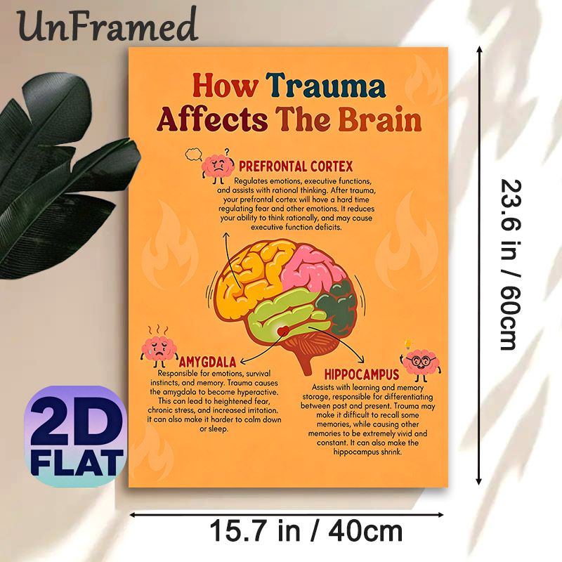 Trauma & Brain Impact Educational Painting Poster, Colorful Cartoon-style Brain Anatomy Poster, Informative Guide On Trauma's Brain Effects, Suitable_maomaolike.com