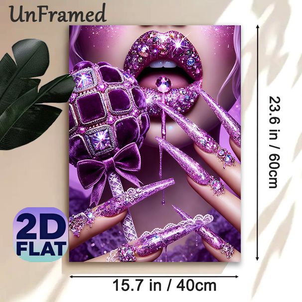 Purple Glam Lips & Jeweled Nails Painting Poster, Sparkly Luxury Crystal-embellished Poster, Eye-catching Decorative Piece Ideal For Bedroom, Vanity_maomaolike.com