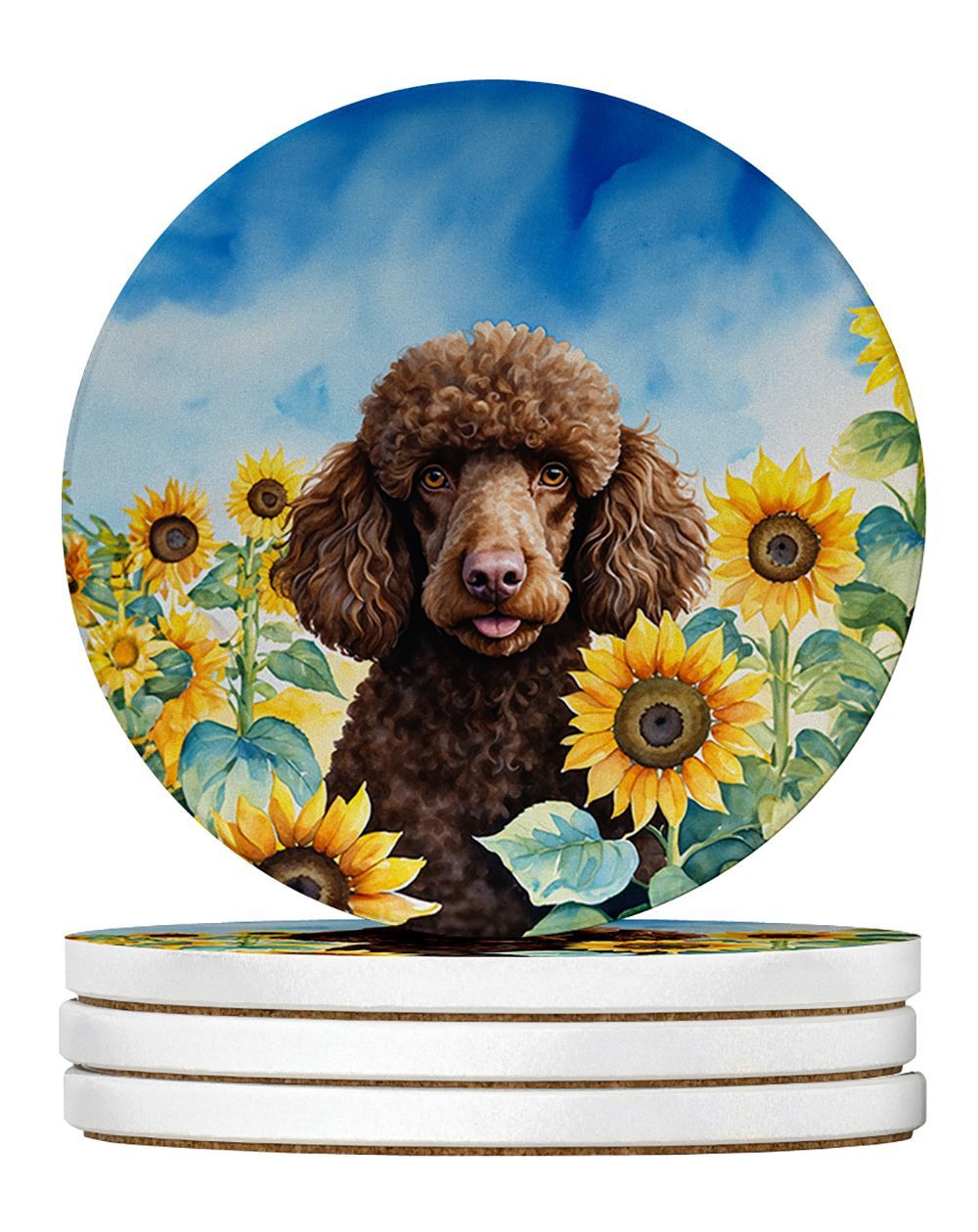 Chocolate Poodle In Sunflowers Large Sandstone Coasters Pack Of 4 Absorbent Round Coasters Decor Gifts For Men Or Women, 4 In, Multicolor_maomaolike.com