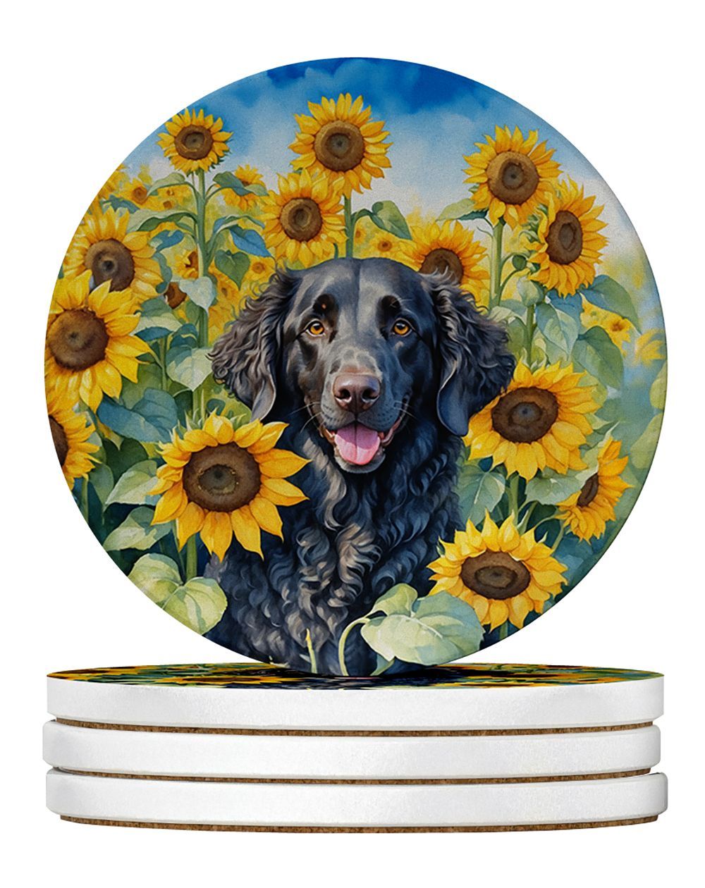 Curly-Coated Retriever In Sunflowers Large Sandstone Coasters Pack Of 4 Absorbent Round Coasters Decor Gifts For Men Or Women, 4 In, Multicolor_maomaolike.com