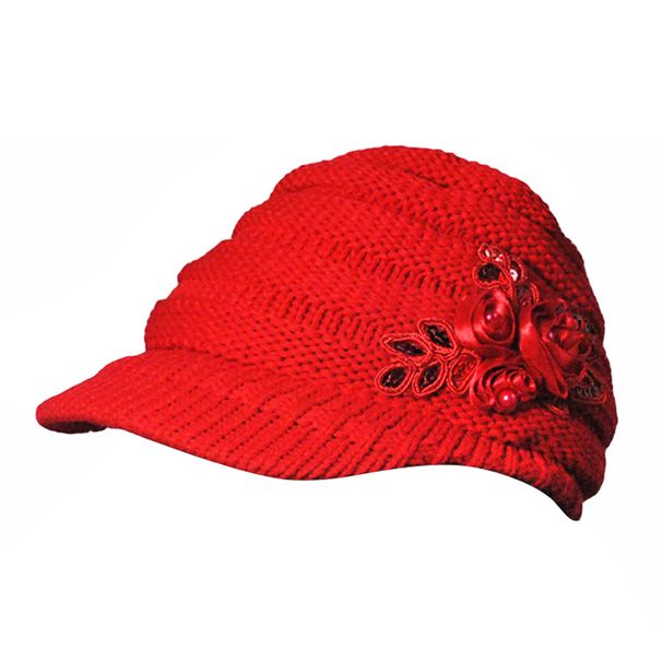 Hot Sale Womens Cable Visor with Flower Accent women Knit Beret Baggy Beanie Cap Hat_maomaolike.com